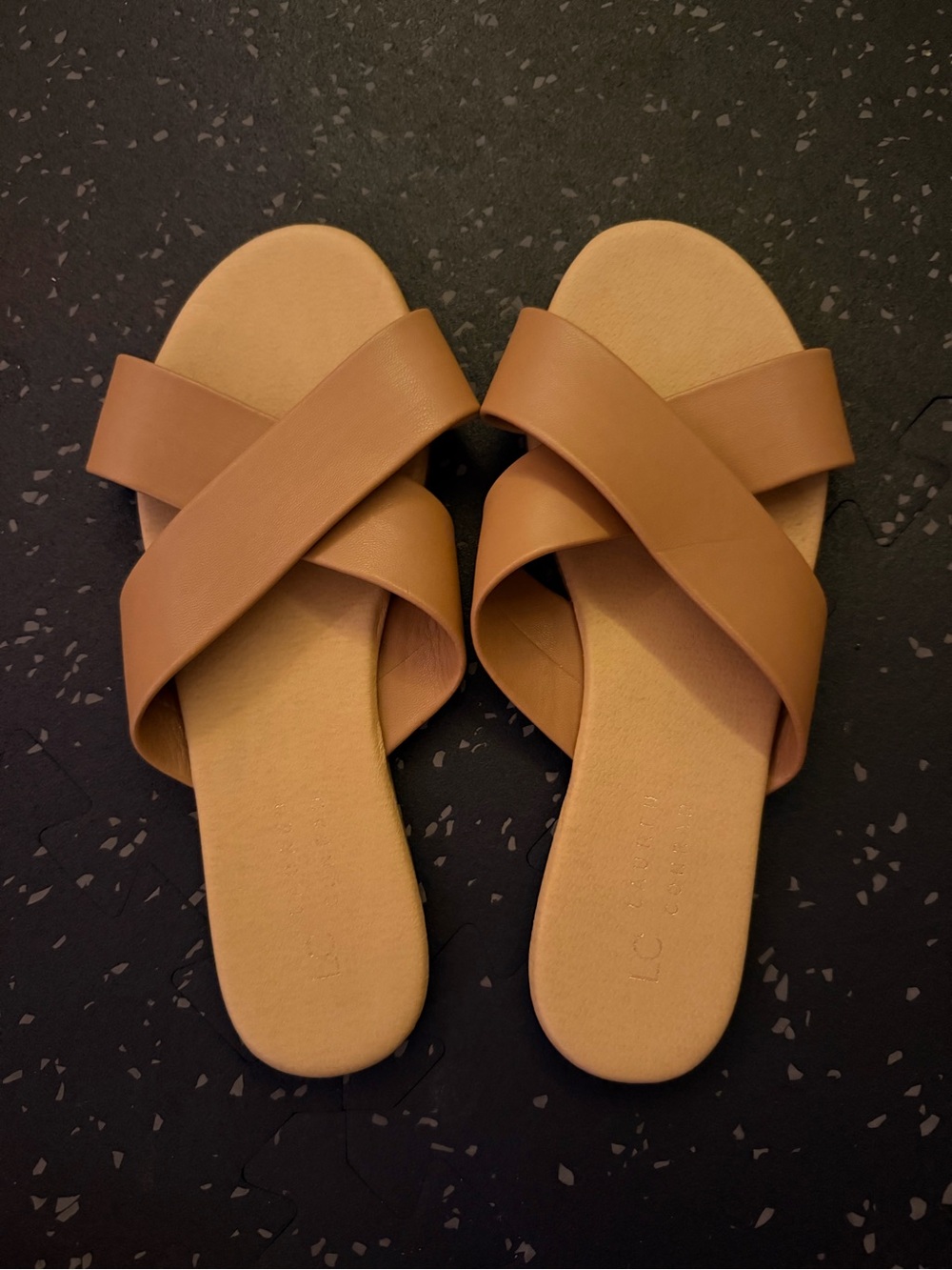 LC Lauren Conrad Tan Cross-Strap Slide Sandals